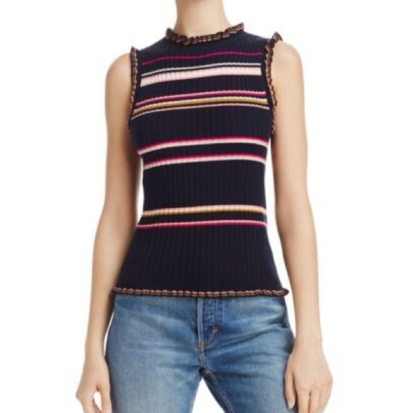 Rebecca Taylor Sleeveless Ruffle Striped Rib-Knot Tank Sz XS - Picture 1 of 12